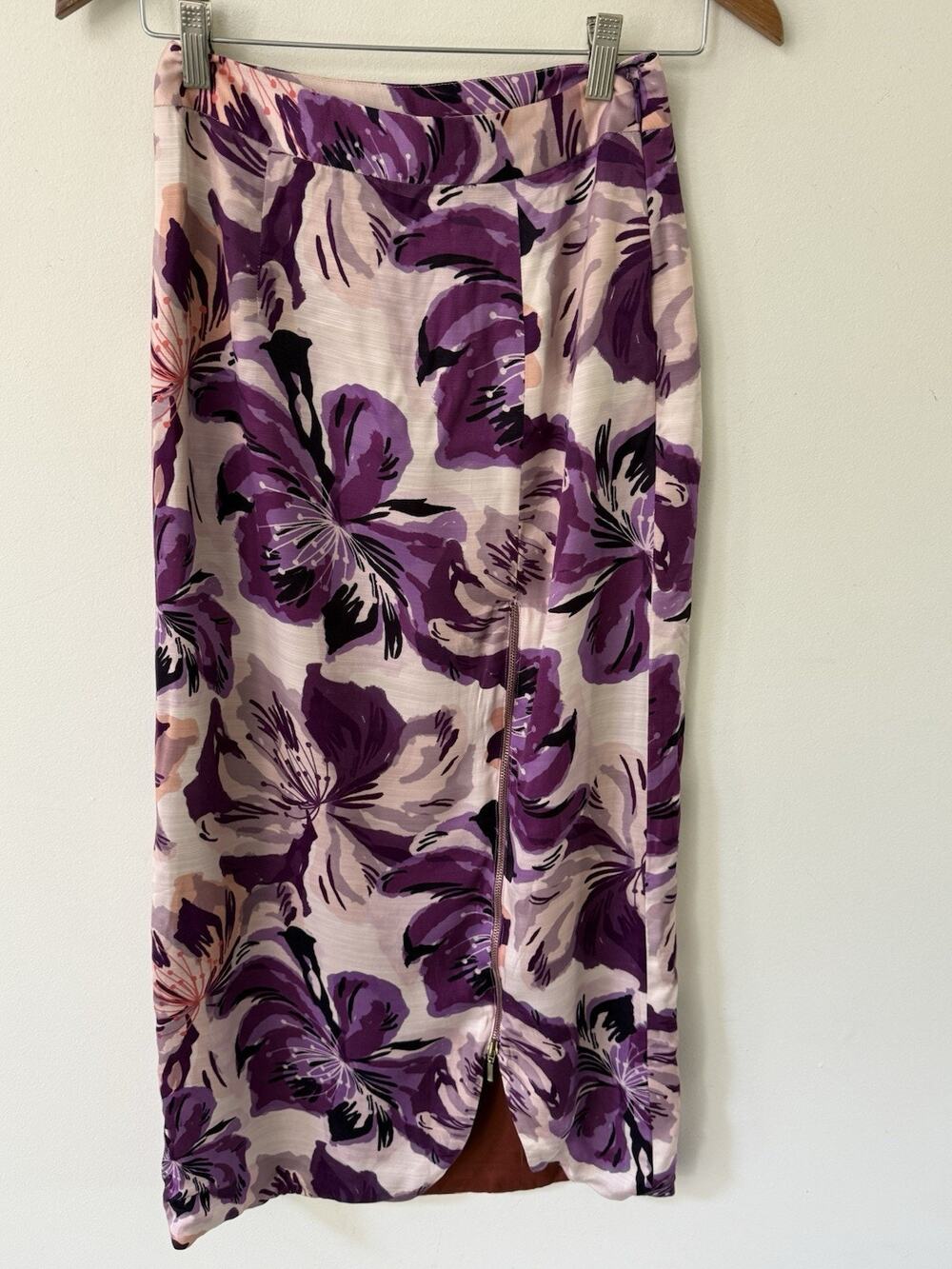Madhanna Floral Zip Maxi Skirt XS Purple Lined Boho Tropical Resort Festival